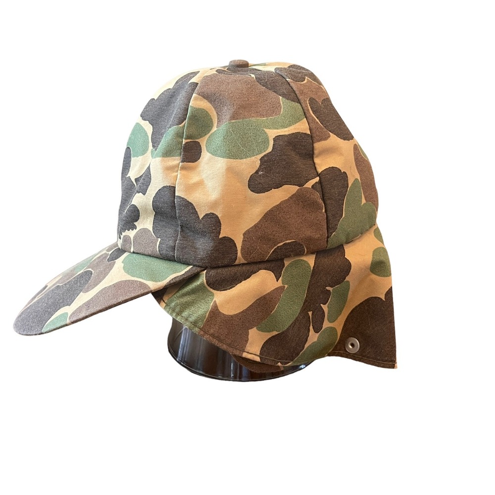 Vtg Duxbak Hunting Action Hat Med Brown/Green Camo Fitted Thermal With Neck Flap